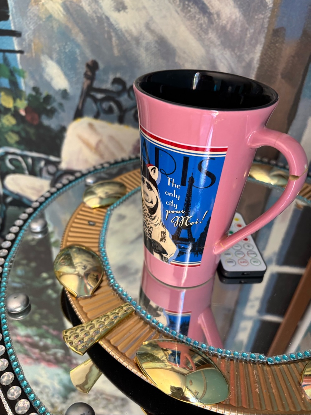 Pink Paris Graphic Ceramic Travel Mug. Miss piggy ceramic Disney mug vintage
